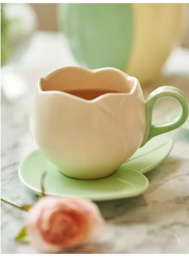 OASIS-TH Ceramic Coffee Mug with Saucer Set, Creative Tulip Cup Unique Irregular Design for Office and Home, Dishwasher and Microwave Safe, Cute Cup for Latte Tea Milk (300ML) - Image 2